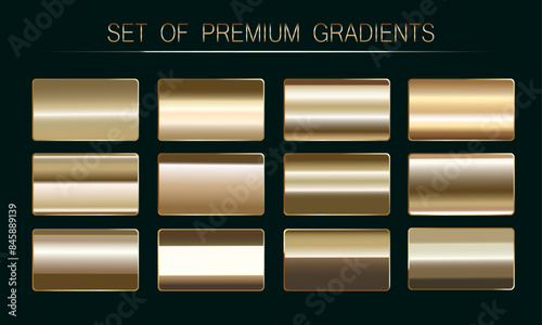 Premium set of gold gradients. Set of metallic holiday gold vector gradients. For luxury badges, certificates, invitations, backgrounds, borders, ribbons.