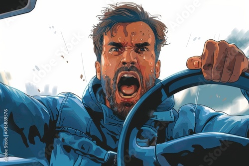An illustration capturing a highly agitated driver forcefully gripping the steering wheel, mouth agape photo