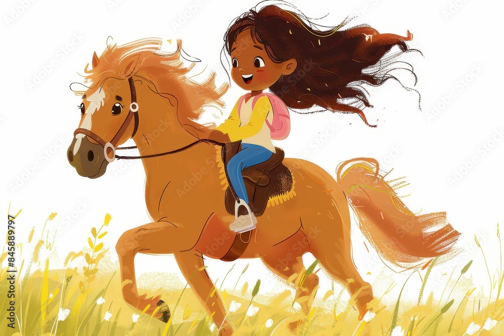 An animated image of a girl with her hair flowing behind, riding a horse in a sunny meadow An animated image of a girl with her hair flowing behind, riding a horse in a sunny meadow