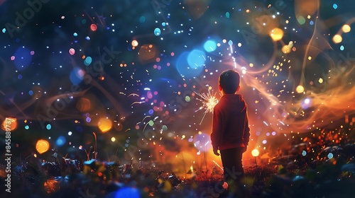 The power of imagination portrayed by a child drawing vibrant scenes in the air with sparklers