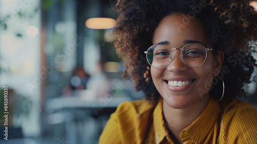 Young Gen-z transgender African American person with glasses smiling during a job interview at a tech company.