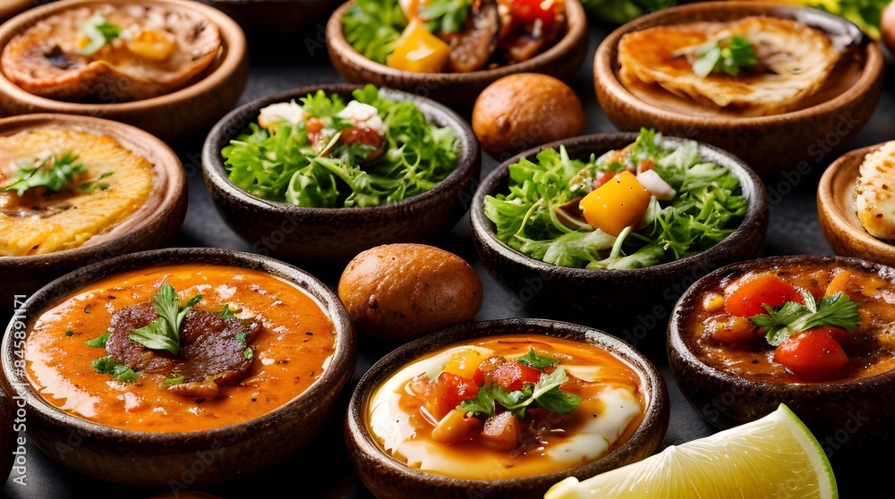 An enticing spread of various small dishes, artfully presented in rustic wooden bowls An enticing spread of various small dishes, artfully presented in rustic wooden bowls