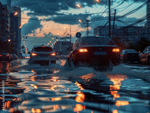 Cars were traveling on flooded roads in the city.