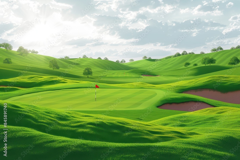 A vibrant and perfectly manicured golf course is depicted in this image, featuring lush green fairways, rolling hills, sand traps, and a challenging hole marked by a red flag A vibrant and perfectly manicured golf course is depicted in this image, featuring lush green fairways, rolling hills, sand traps, and a challenging hole marked by a red flag