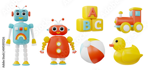 Kids toys with baby robots icons set, realistic vector illustration isolated.