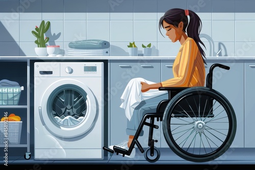 Image showcases a woman in a wheelchair doing laundry in a modern kitchen with a washing machine photo