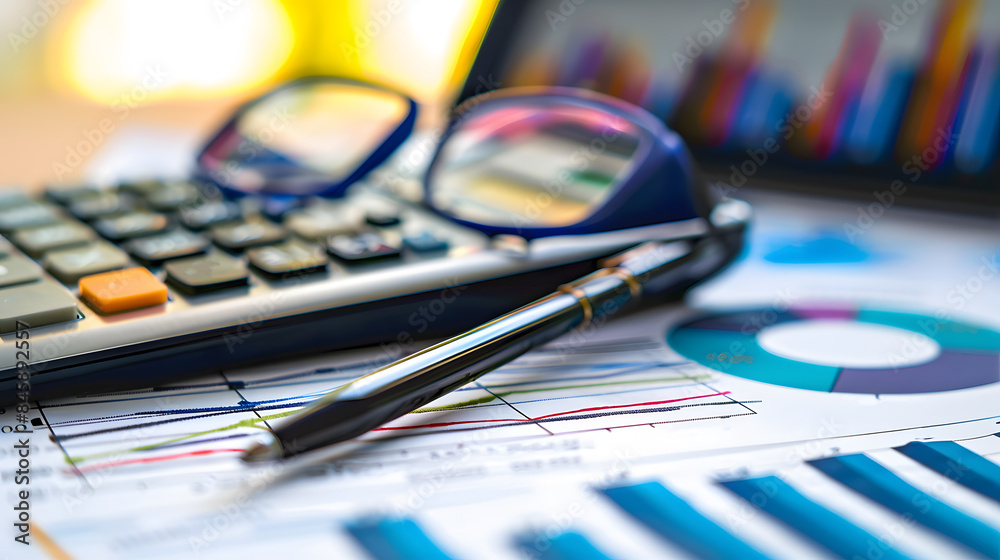 Financial business background with graphs, stacks of coins and pen for writing. AI Generated Financial business background with graphs, stacks of coins and pen for writing. AI Generated