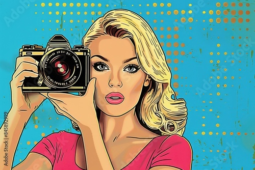 An artsy illustration of a female photographer holding a film camera against a yellow pop art background