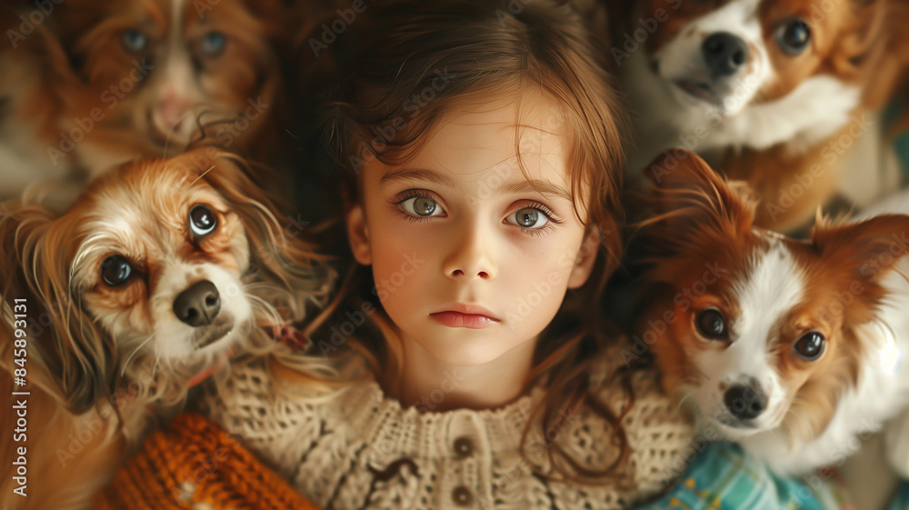 Young American brunette girl looking up at the camera with her four pet dogs. Young American brunette girl looking up at the camera with her four pet dogs.