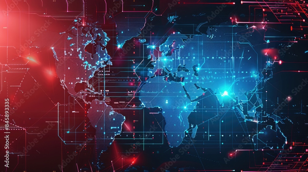 Digital matrix cybersecurity world map with highlighted regions and neon holographic overlay. Cybersecurity map Digital matrix cybersecurity world map with highlighted regions and neon holographic overlay. Cybersecurity map