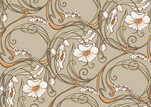 Decorative flowers and leaves in art nouveau style, vintage, old, retro style. Seamless pattern, background. Vector illustration. In art nouveau style, vintage, old, retro style.
