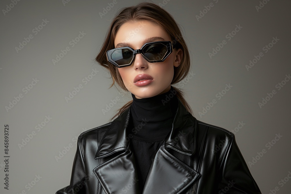 Woman in black turtleneck with cat-eye sunglasses, stylish portrait, modern eyewear, chic look, ideal for fashion editorials or advertisements Woman in black turtleneck with cat-eye sunglasses, stylish portrait, modern eyewear, chic look, ideal for fashion editorials or advertisements