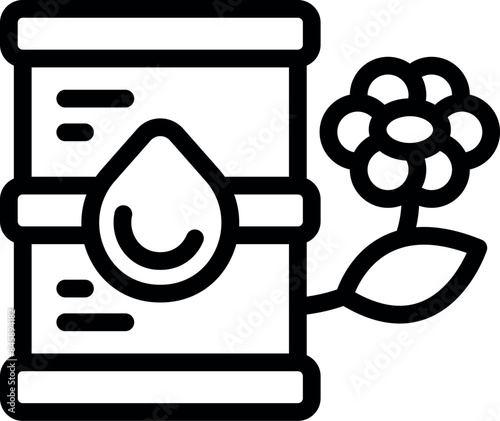 Black outline icon of a metal barrel of oil with a flower growing next to it symbolizing environmental issues