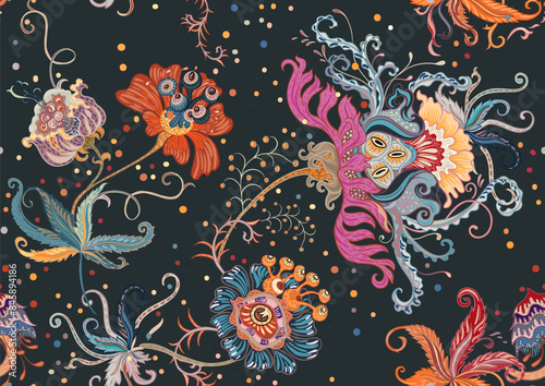 Fantasy, alien hypnotic flowers, decorative flowers and leaves. Cartoon style. Millefleurs trendy floral design. Seamless pattern, background. Outline hand drawing vector illustration.