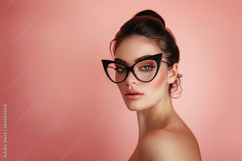 Fototapeta premium Elegant woman with cat-eye glasses, pink background, stylish portrait, modern eyewear, chic look, ideal for fashion editorials or advertisements, portrait of a woman wearing glasses