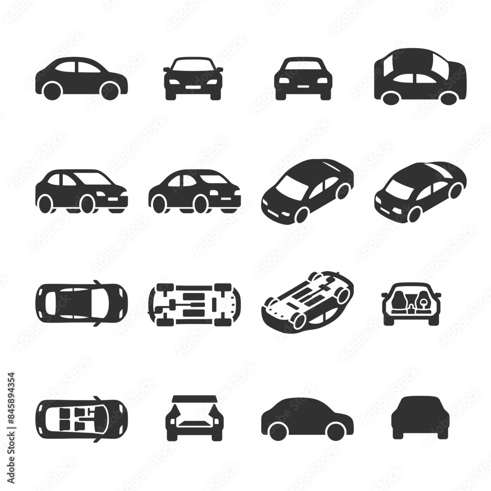 Car icon set. Automobile From Various Sides, Monochrome symbol. Side, Bottom, Top, Front View, Isometric Projection, Interior of the Car. Black and white style