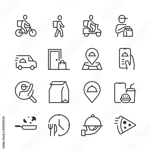 Food Delivery, icon set. Door-to-Door, Cafe and Restaurant food. Courier, Location Tracking, Order App, Packaging, Cooking, Estimated Arrival. and More. Line with editable stroke