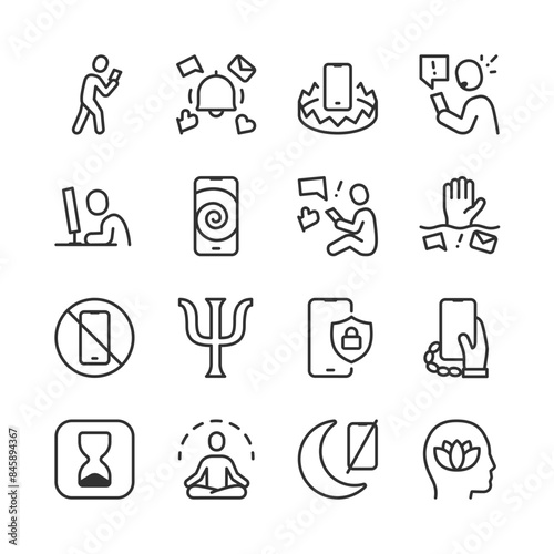 Digital Wellbeing, Addiction, icon set. Overcoming Smartphone Addiction, Content Bingeing, Doomscrolling, Fomo. Time Limits, Notification Managers, Therapy, Restore Tech-Life Balance. Editable stroke