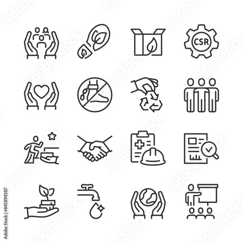 Corporate Social Responsibility, icon set. Sustainable Development and Ethical Business Practices. Human rights, Environmental Protection, Sustainability, Volunteering. Line with editable stroke