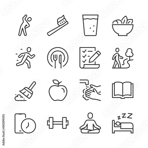 Healthy Habits for Wellbeing, icon set. Daily Wellness Activities linear icons. Morning Exercises, Healthy Eating, Hygiene, Outdoor Activities, and Mindfulness. Line with editable stroke