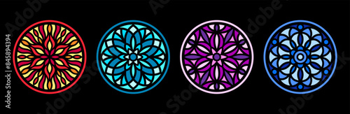 Stained glass illustration collection, circle shape pattern, rose gothic window mandala ornament. Round frames set, radial floral motive design elements. Colorful mosaic decoration, backgrounds bundle