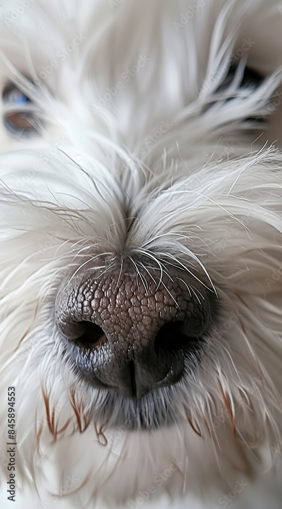 Detailed view of a white dogs nose and mouth area, showcasing its unique features. Detailed view of a white dogs nose and mouth area, showcasing its unique features.
