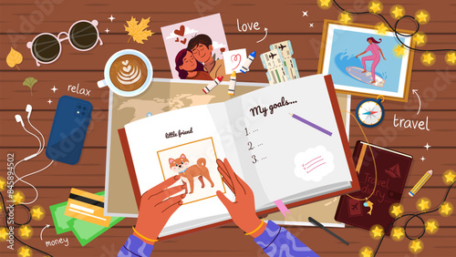 Illustration of Dreams Vision Board. Vision board samples, vector cartoon illustration with dreams and desires. Vision board for  banners, postcards or posters