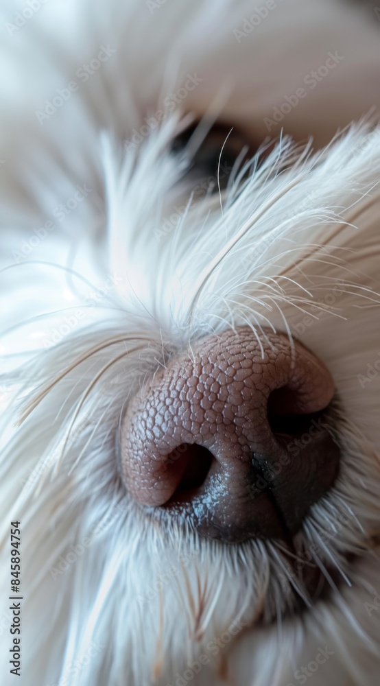 Detailed view of a white dogs nose showcasing textures and details. Detailed view of a white dogs nose showcasing textures and details.