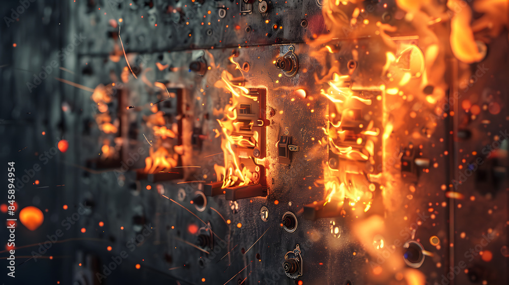 Fire, accident at an electrical panel with an electrical grid control system. AI Generated Fire, accident at an electrical panel with an electrical grid control system. AI Generated