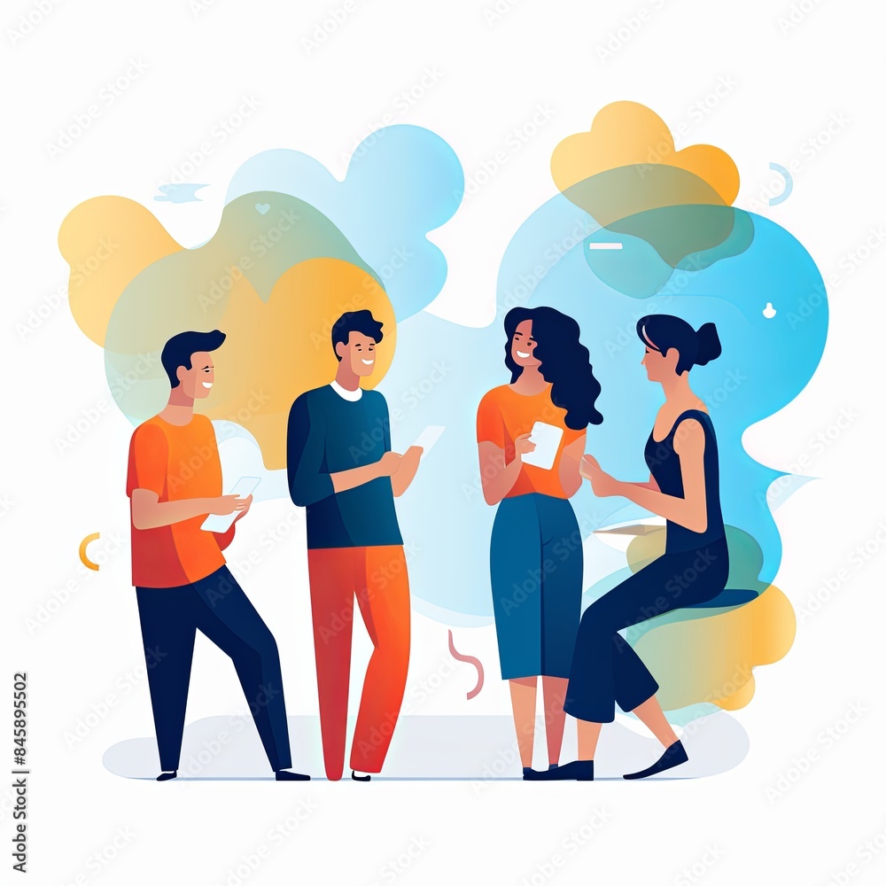 flat vector style illustration, a diverse group of people talking and collaborating, on white background flat vector style illustration, a diverse group of people talking and collaborating, on white background