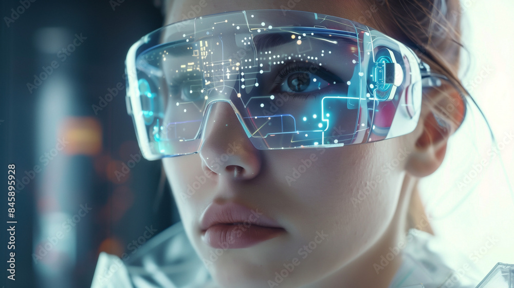 Close up of young gen-z woman wearing glasses with a blue holographic augmented reality overlay. Close up of young gen-z woman wearing glasses with a blue holographic augmented reality overlay.