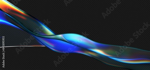 3d crystal glass liquid wave with refraction and holographic effect isolated on dark background. Render transparent glass ribbon, fluid splash with rainbow gradient flying in motion. 3d vector figure