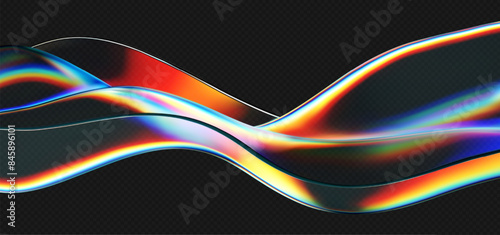 3d crystal glass liquid wave with refraction and holographic effect isolated on dark background. Render transparent glass ribbon, fluid splash with rainbow gradient flying in motion. 3d vector figure