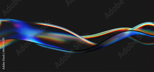 3d crystal glass liquid wave with refraction and holographic effect isolated on dark background. Render transparent glass ribbon, fluid splash with rainbow gradient flying in motion. 3d vector figure