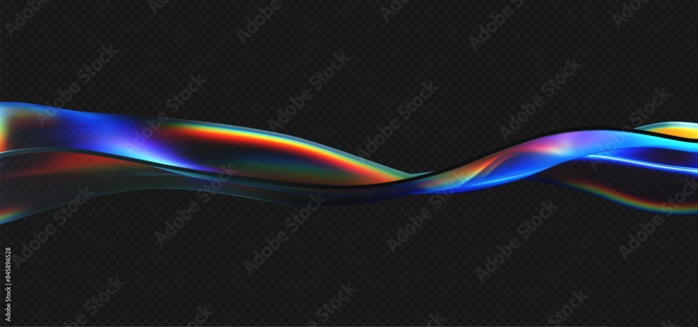 © janevasileva - 3d crystal glass liquid wave with refraction and holographic effect isolated on dark background. Render transparent glass ribbon, fluid splash with rainbow gradient flying in motion. 3d vector figure