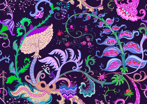 Fantasy, alien hypnotic flowers, decorative flowers and leaves. Cartoon style. Millefleurs trendy floral design. Seamless pattern, background. Outline hand drawing vector illustration.