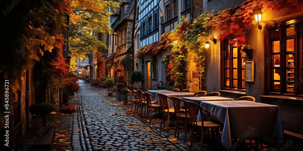 Fototapeta premium Cozy traditioanal european city small town walk path street with many tables and chairs restaurants background