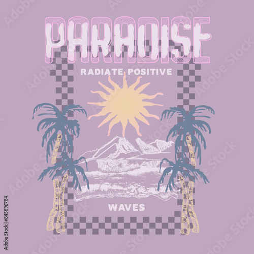 Women's beach prints, for t-shirt graphic, Retro college varsity typography Paradise slogan print, vector illustration, girls beach graphic, tropical summer beach waves , women summer fashion Prints 