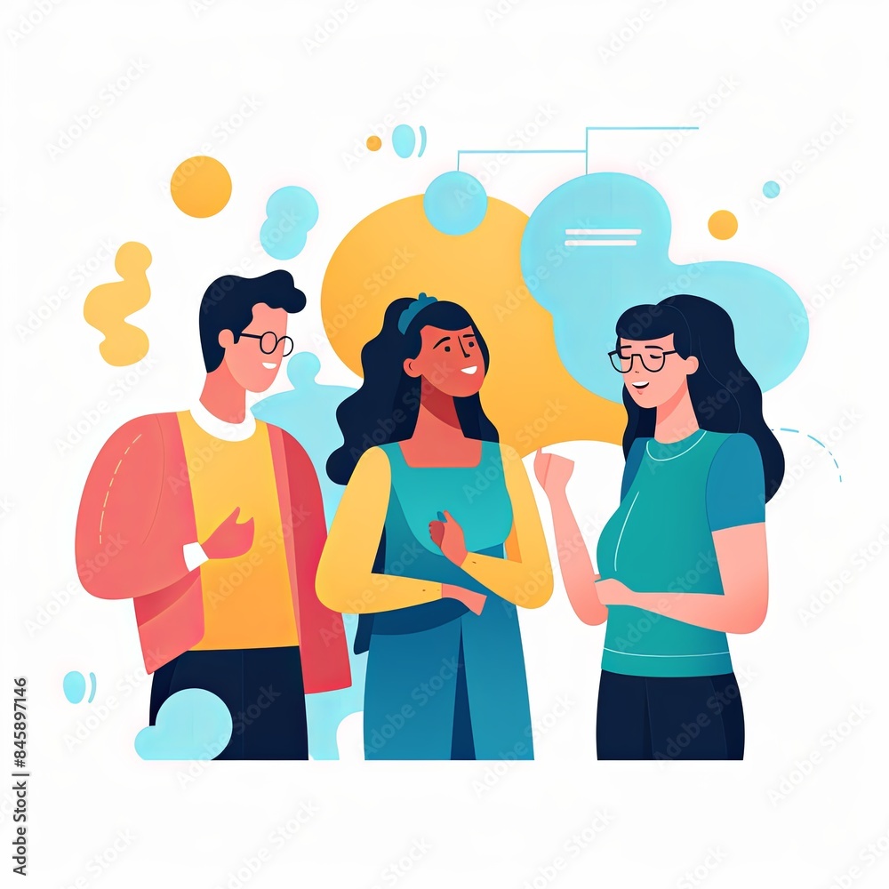 flat vector style illustration, a diverse group of people talking and collaborating, on white background flat vector style illustration, a diverse group of people talking and collaborating, on white background