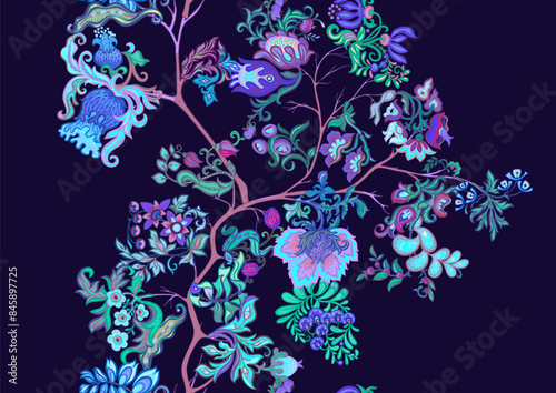 Fantasy, alien flowers, decorative flowers and leaves. Cartoon style. Millefleurs trendy floral design. Seamless pattern, background. Vector illustration.