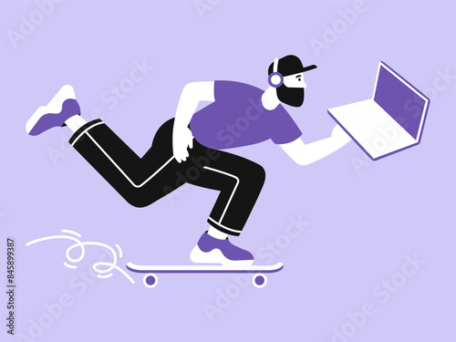 Vector illustration of a developer riding a skateboard and working on a notebook