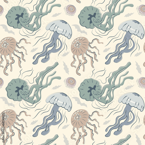 Seamless pattern jellyfish. Hand drawn marine life. Graphics, line, textures. For Textile, Wallpaper, wrapping
