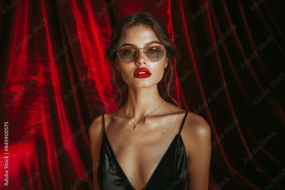 Woman with brown retro oval sunglasses and black dress against red draped background. Studio portrait photography. Fashion and vintage aesthetics Woman with brown retro oval sunglasses and black dress against red draped background. Studio portrait photography. Fashion and vintage aesthetics