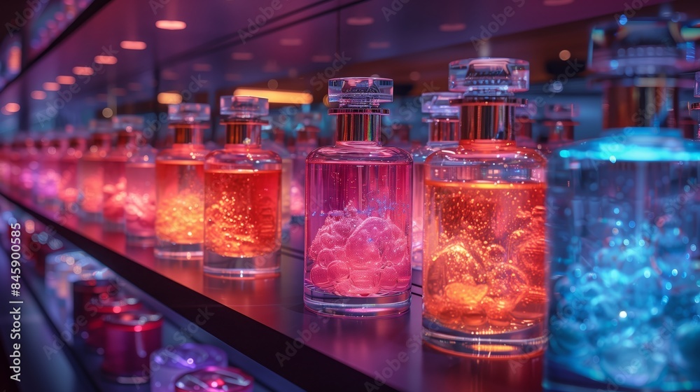 A row of glass bottles filled with colorful liquid sits on a counter, lit by purple and pink lights. This futuristic display offers a new way to experience fragrance. A row of glass bottles filled with colorful liquid sits on a counter, lit by purple and pink lights. This futuristic display offers a new way to experience fragrance.