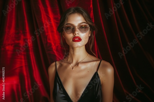 Woman with brown retro oval sunglasses and black dress against red draped background. Studio portrait photography. Fashion and vintage aesthetics © Luna_Scarlet