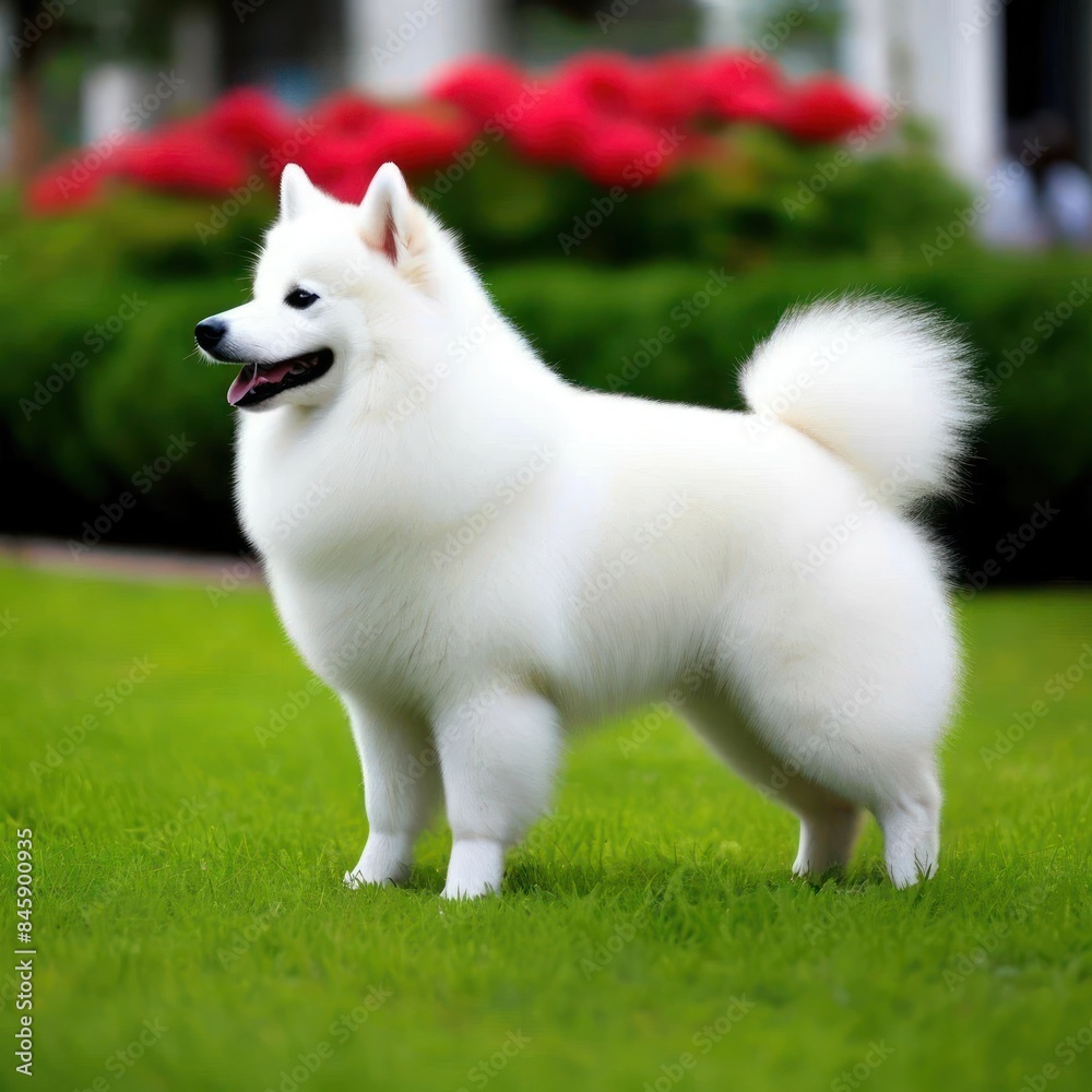 A Japanese Pomeranian in a colorful garden, an image generated by artificial intelligence A Japanese Pomeranian in a colorful garden, an image generated by artificial intelligence