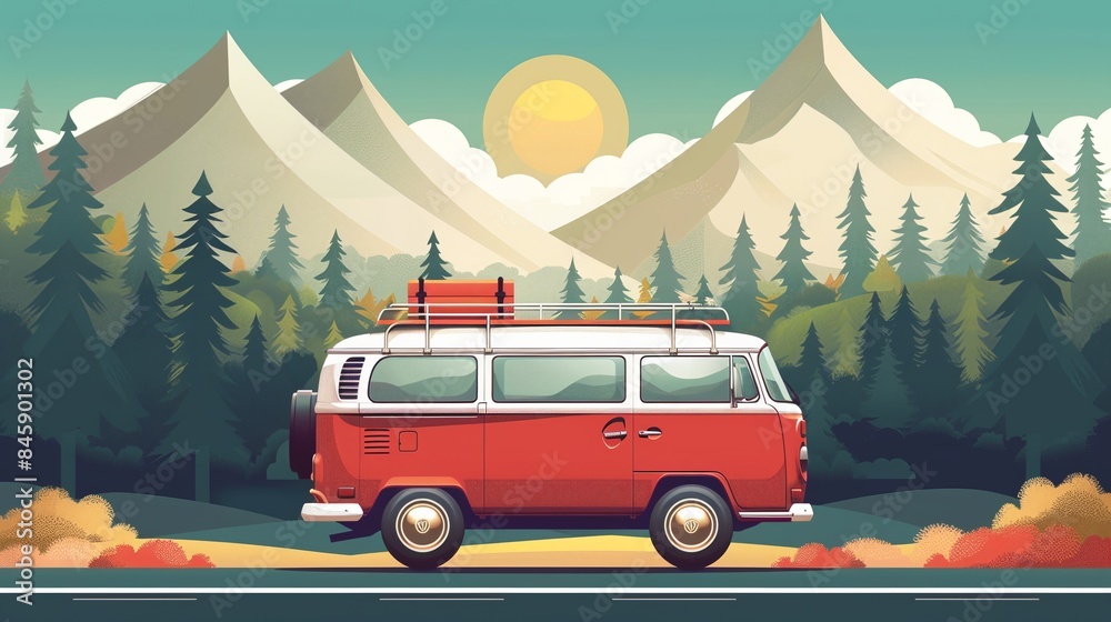Flat vector illustration of vintage camper van in beautiful outdoors ...