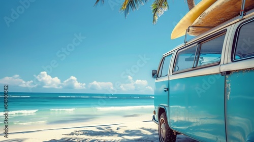 Fototapeta Naklejka Na Ścianę i Meble -  Vintage camper van with surfing board at sea beach in summer vacation