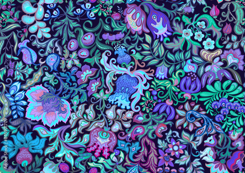 Fantasy, alien flowers, decorative flowers and leaves. Cartoon style. Millefleurs trendy floral design. Seamless pattern, background. Vector illustration.