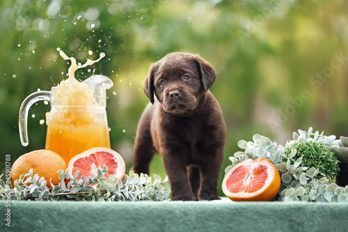 brown labrador puppy posing with grapefruits and fresh juice outdoors in summer